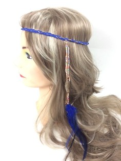 Braided Ibiza Hairband with Feathers Dark Blue (1 pc)