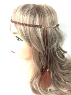Braided Hairband with Feathers Brown (1pc)