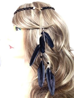 Braided Headband with Feathers Black (1pc)