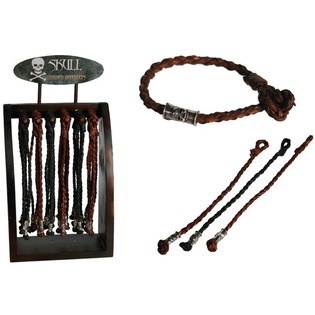 Braided Leather "Skull" Bracelets on Wooden Display (96 pcs)