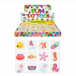 FUN TATTOOS - MODEL: MERMAID, Each pack 12x Tattoos IN DISPLAY (48 pcs)